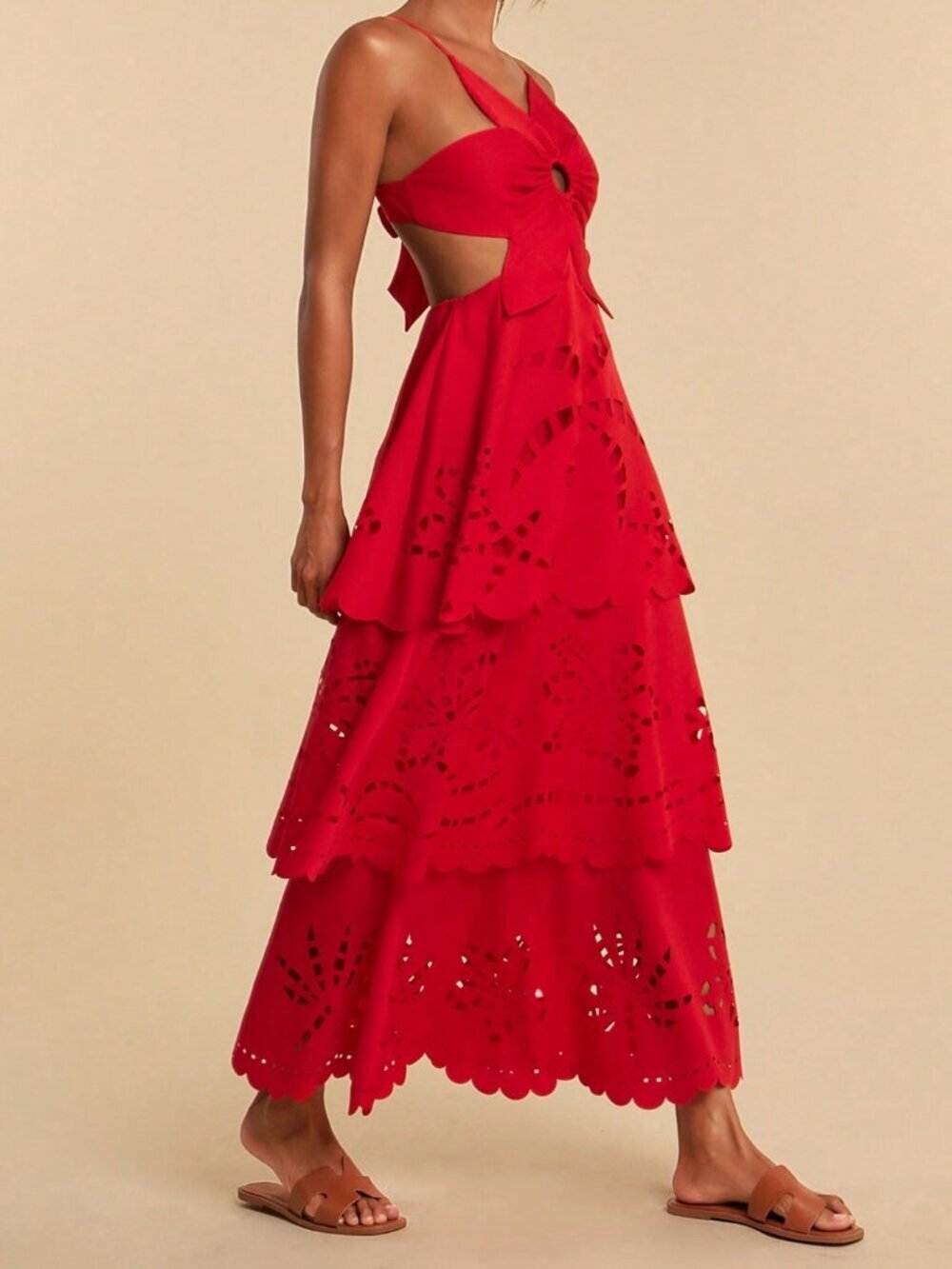 Red Boho Women's Woven Multi-Layer Ruffle Hem Spaghetti Strap Backless Dress - Picture 4 of 7
